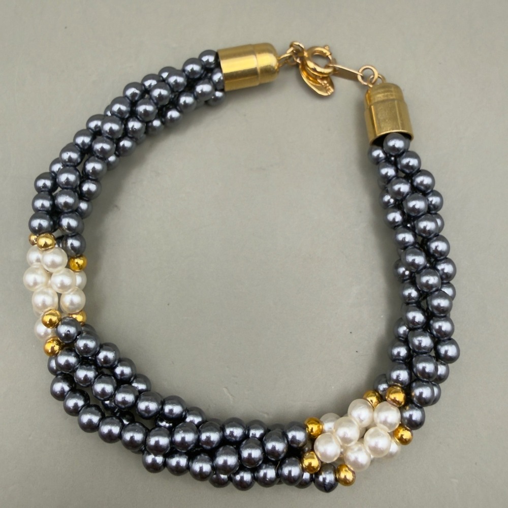 Park Lane Bracelet Faux Pearl Triple Twisted Strand Grey White Gold Tone Beaded